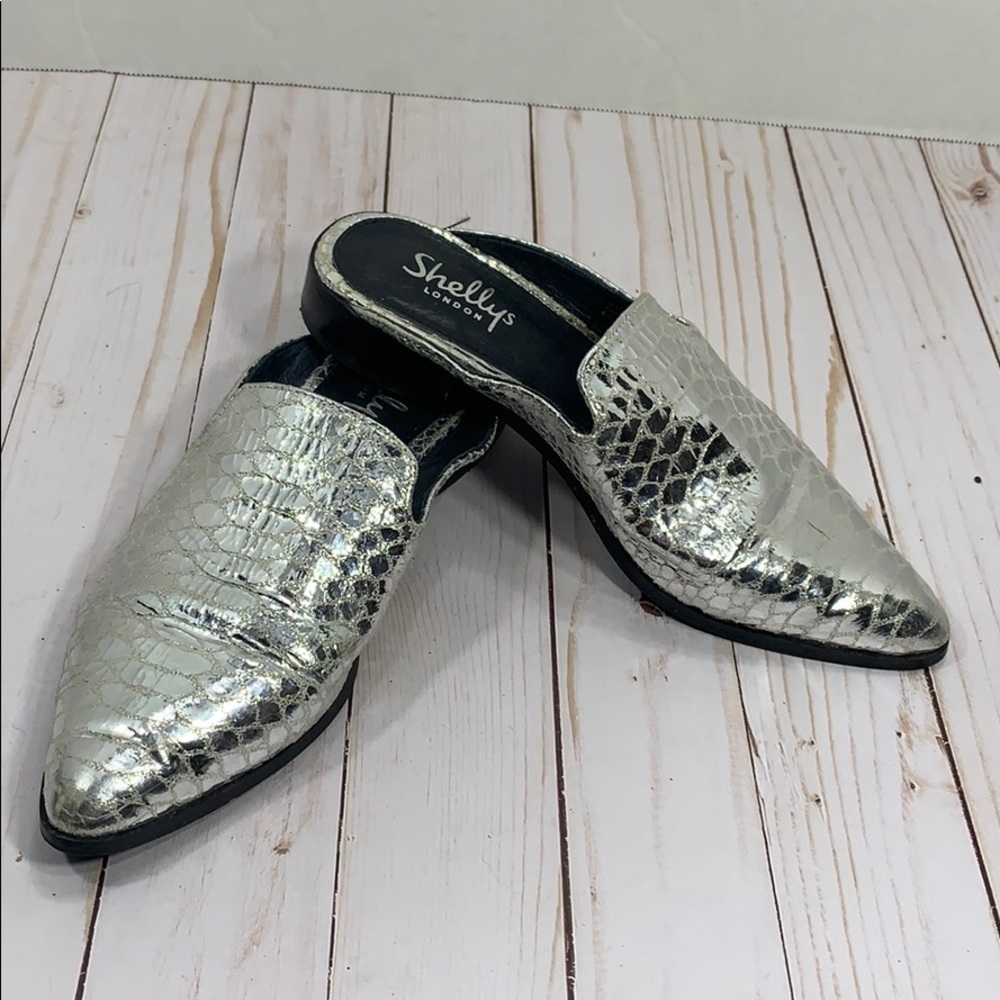 Shellys London silver reptile print mules size 36